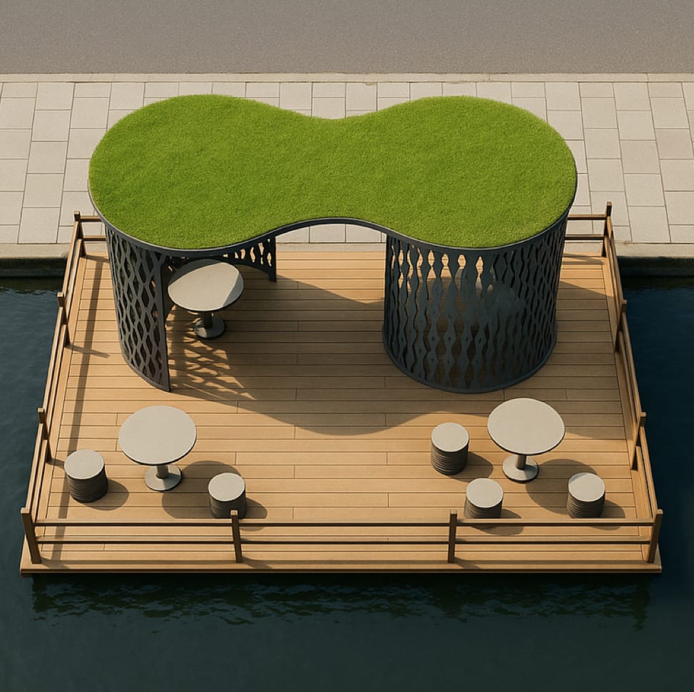 Render of the final stop: green roof, rounded walls and a wooden terrace at the water’s edge.