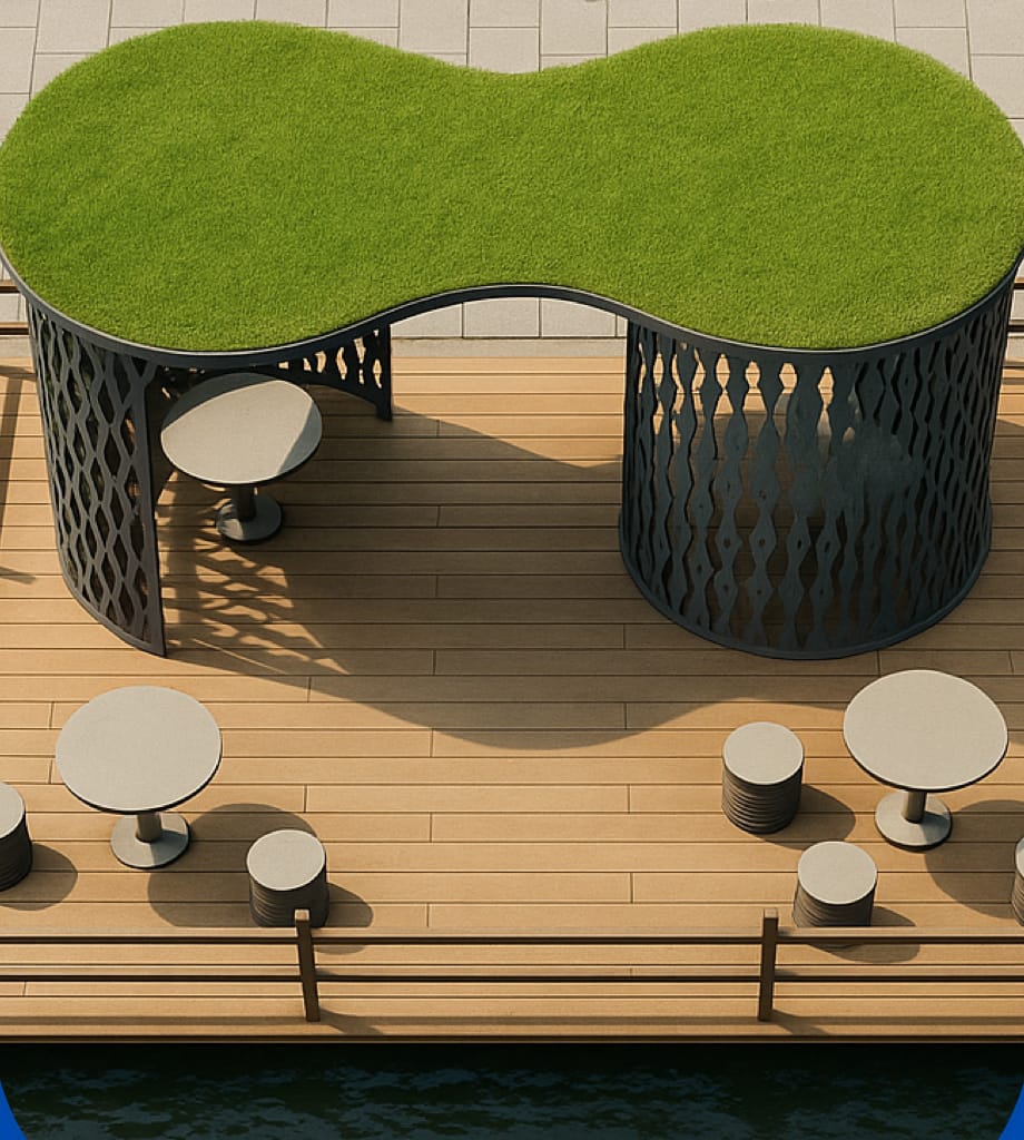Render of the final stop from above: a green roof on two rounded, perforated walls, with tables on a wooden deck by the water.