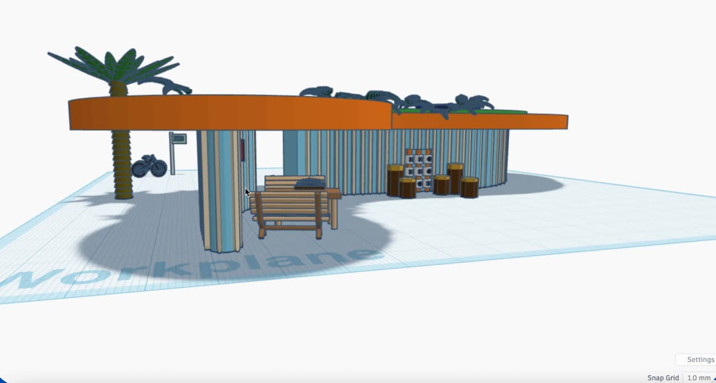 Our 3D model of the stop in Tinkercad: an orange roof over striped rounded walls, benches and a game table.