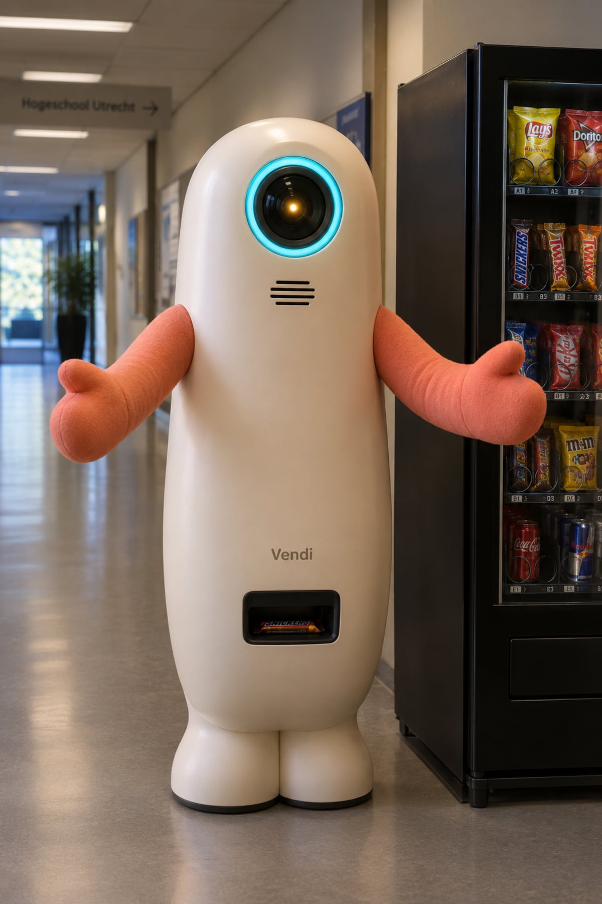 A generated visualisation of Vendi: a tall cream-white machine with one camera eye and soft pink arms held open, standing beside a regular snack vending machine in a school hallway.